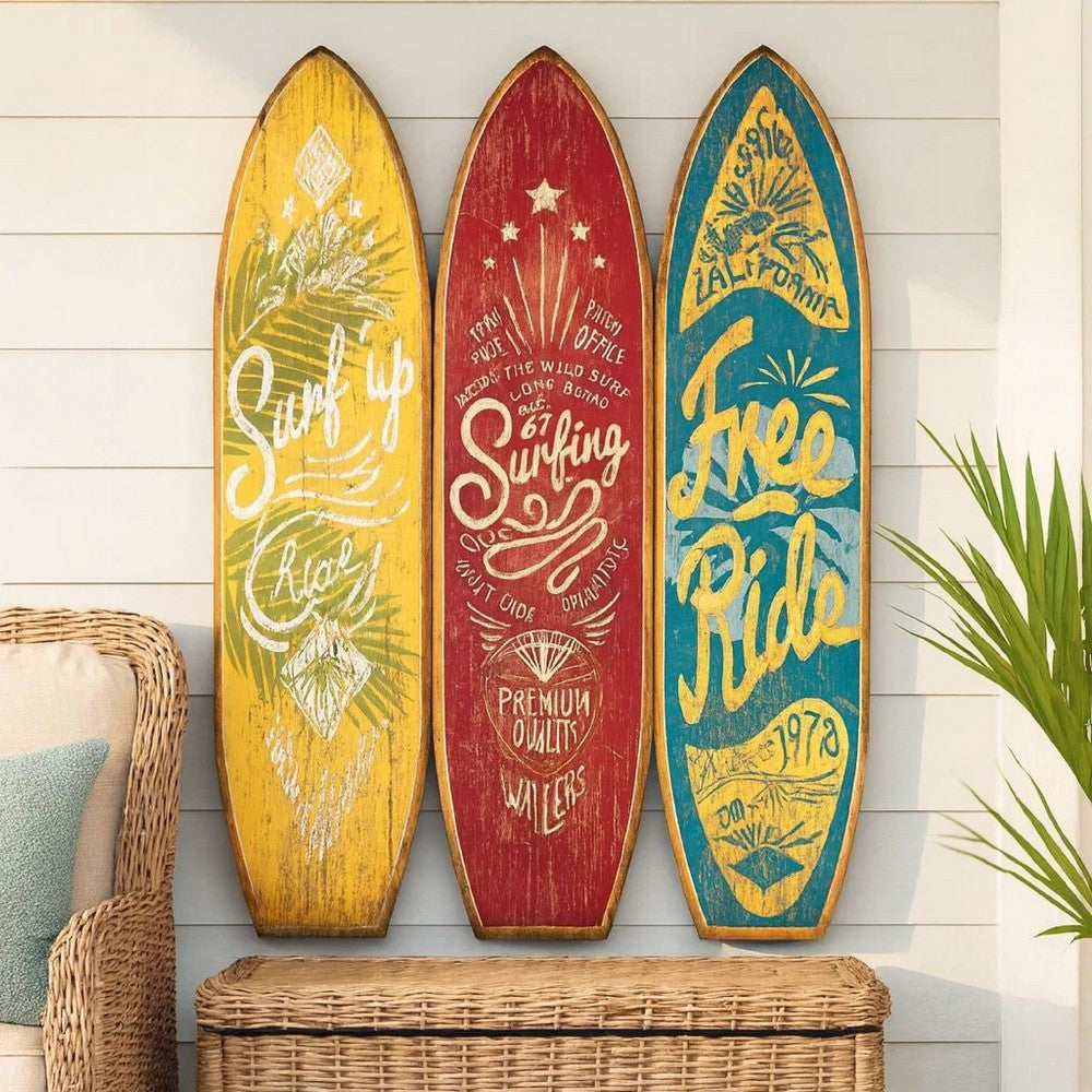 Beach Themed Surfboard Shaped 3 Panel Wooden Room Divider, Multicolor