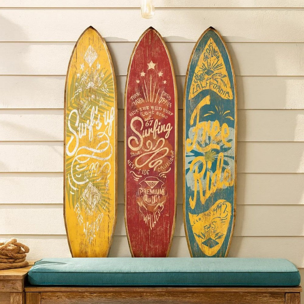 Beach Themed Surfboard Shaped 3 Panel Wooden Room Divider, Multicolor