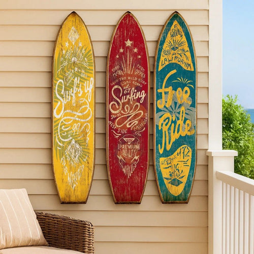 Beach Themed Surfboard Shaped 3 Panel Wooden Room Divider, Multicolor