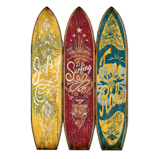 Beach Themed Surfboard Shaped 3 Panel Wooden Room Divider, Multicolor