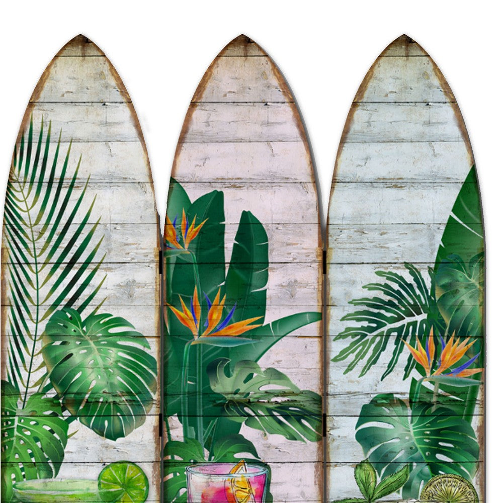 Surfboard Shaped Palm Leaf and Drinks Print 3 Panel Room Divider, Multicolor