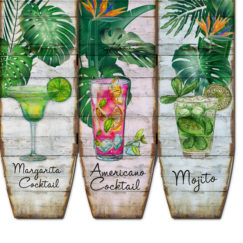 Surfboard Shaped Palm Leaf and Drinks Print 3 Panel Room Divider, Multicolor