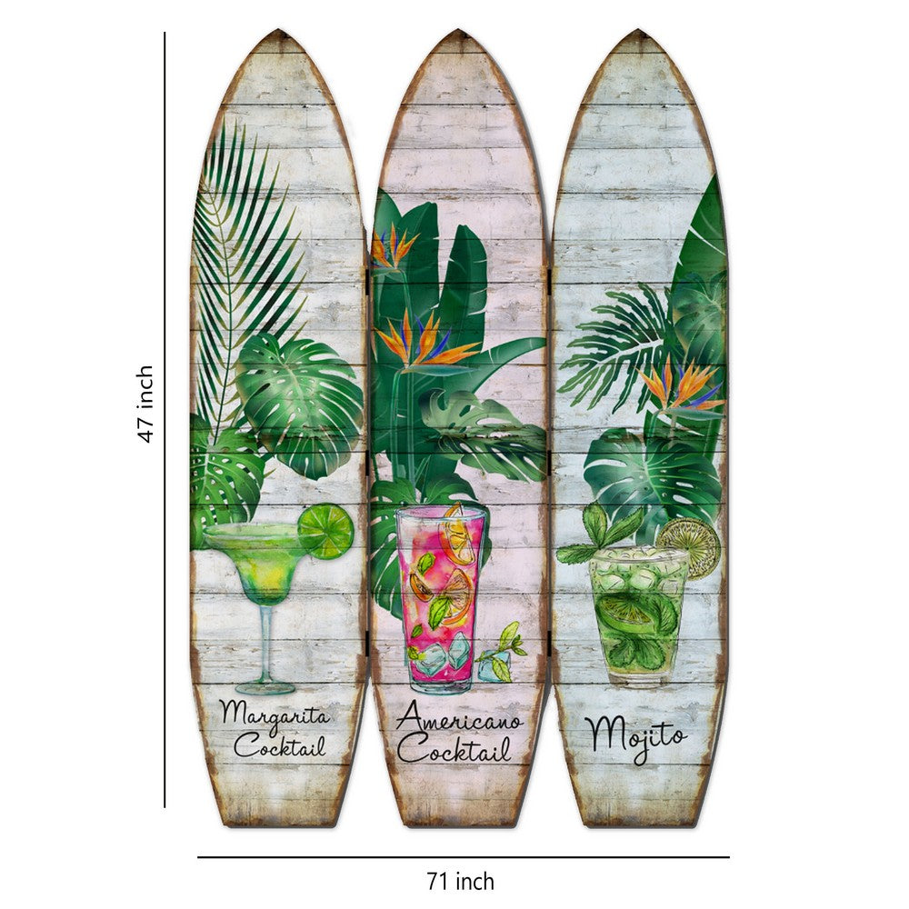 Surfboard Shaped Palm Leaf and Drinks Print 3 Panel Room Divider, Multicolor