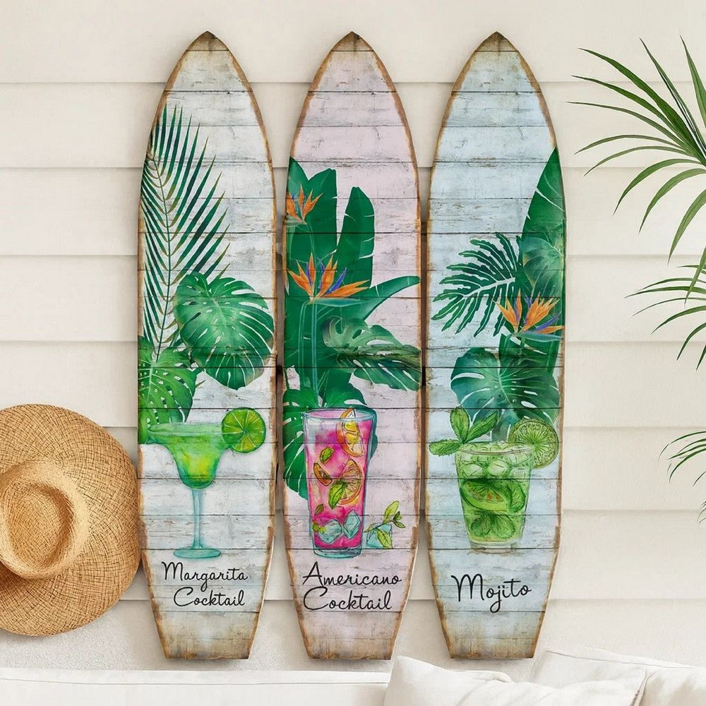 Surfboard Shaped Palm Leaf and Drinks Print 3 Panel Room Divider, Multicolor