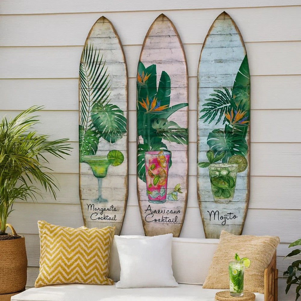 Surfboard Shaped Palm Leaf and Drinks Print 3 Panel Room Divider, Multicolor