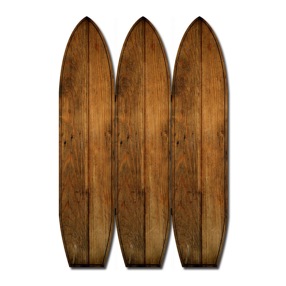 Plank Style Surfboard Shaped 3 Panel Wooden Room Divider, Brown