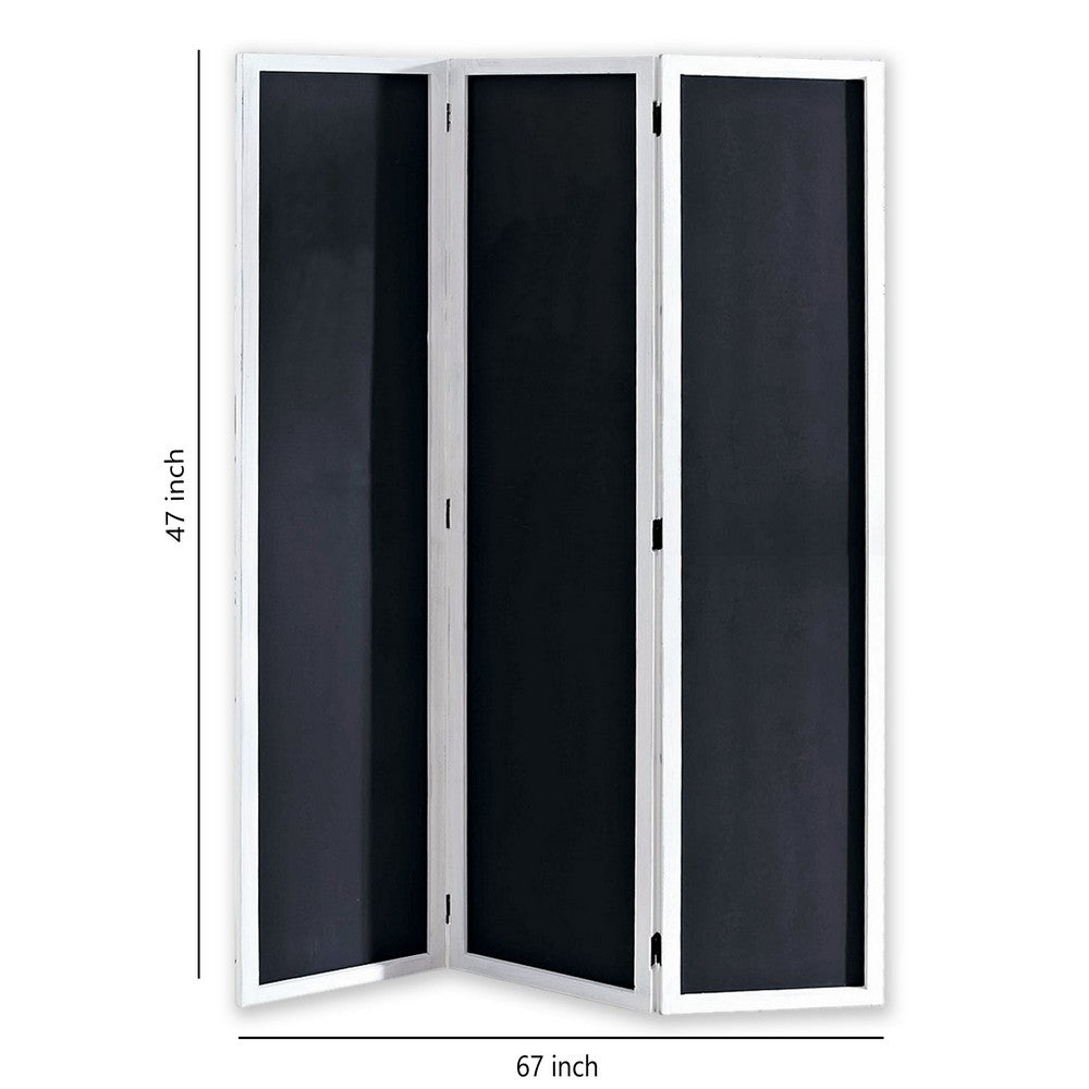 Chalkboard and Wooden 3 Panel Room Divider, Black and White