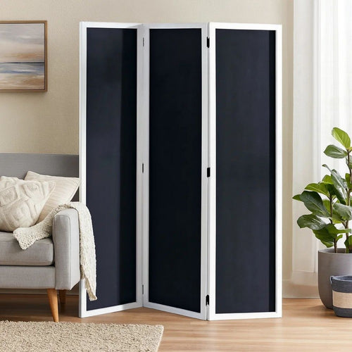 Chalkboard and Wooden 3 Panel Room Divider, Black and White