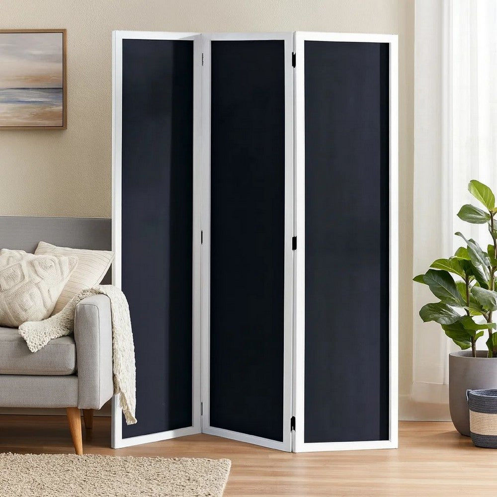 Chalkboard and Wooden 3 Panel Room Divider, Black and White
