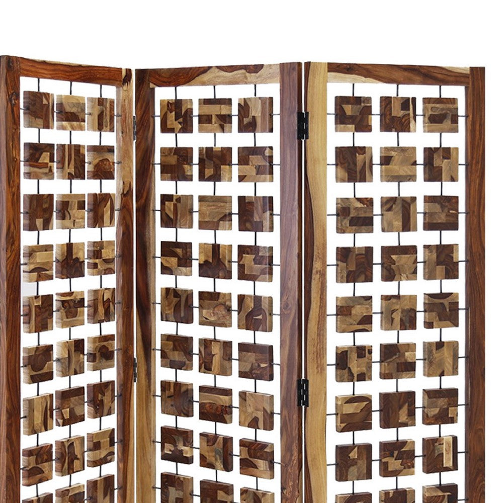 Wooden 3 Panel Room Divider with Interconnected Square Blocks, Brown