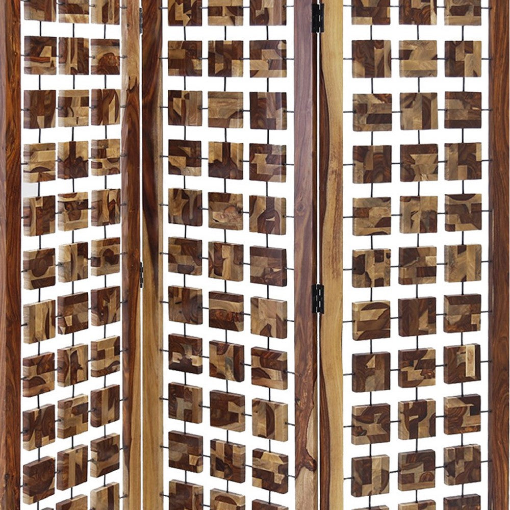 Wooden 3 Panel Room Divider with Interconnected Square Blocks, Brown