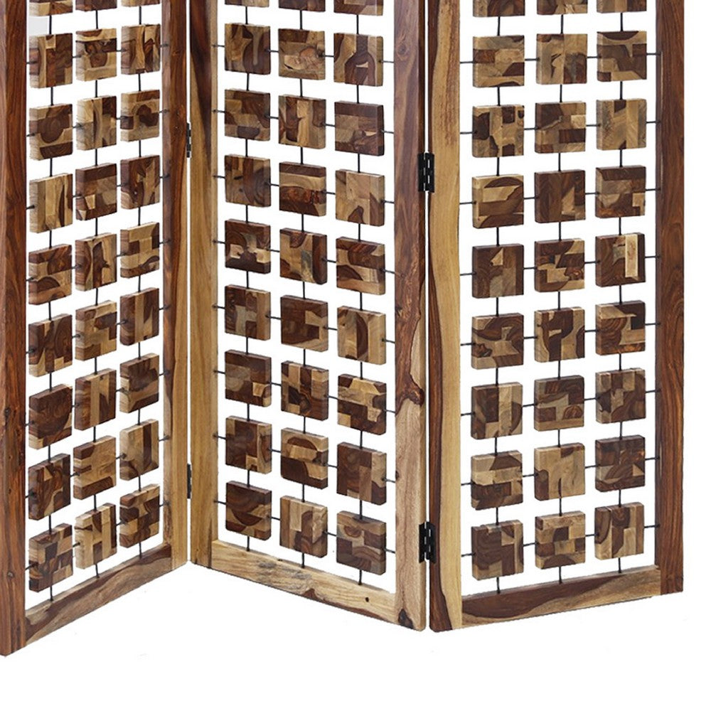 Wooden 3 Panel Room Divider with Interconnected Square Blocks, Brown