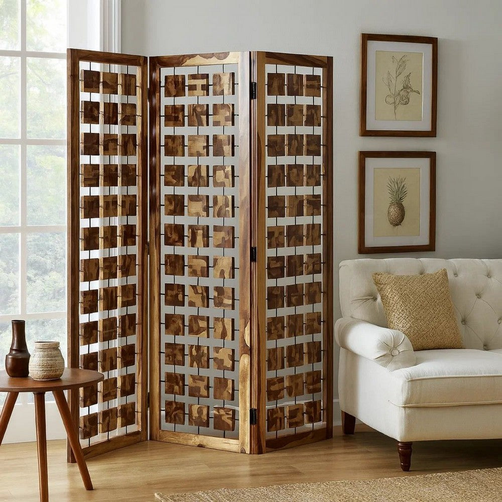 Wooden 3 Panel Room Divider with Interconnected Square Blocks, Brown