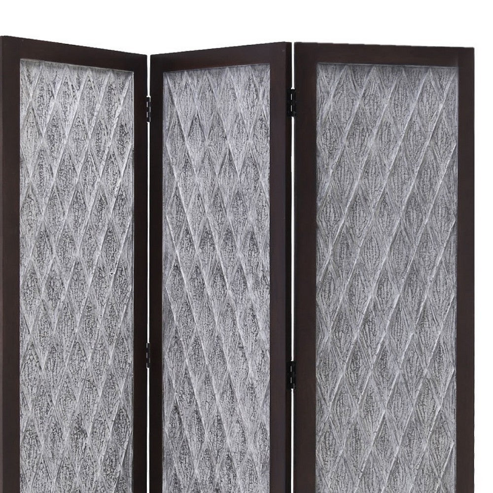 Wooden 3 Panel Room Divider with Textured Diamond Pattern Gray and Black BM205788