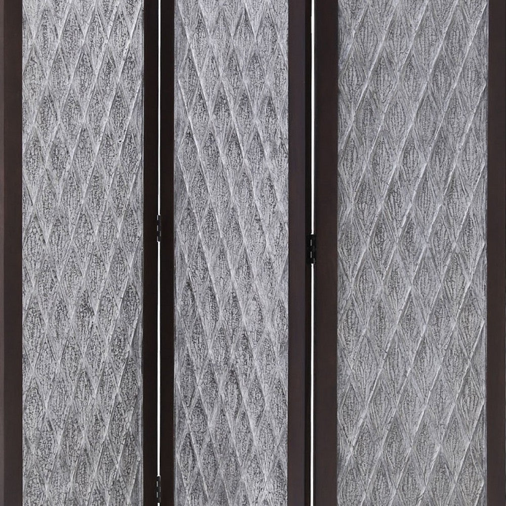 Wooden 3 Panel Room Divider with Textured Diamond Pattern Gray and Black BM205788