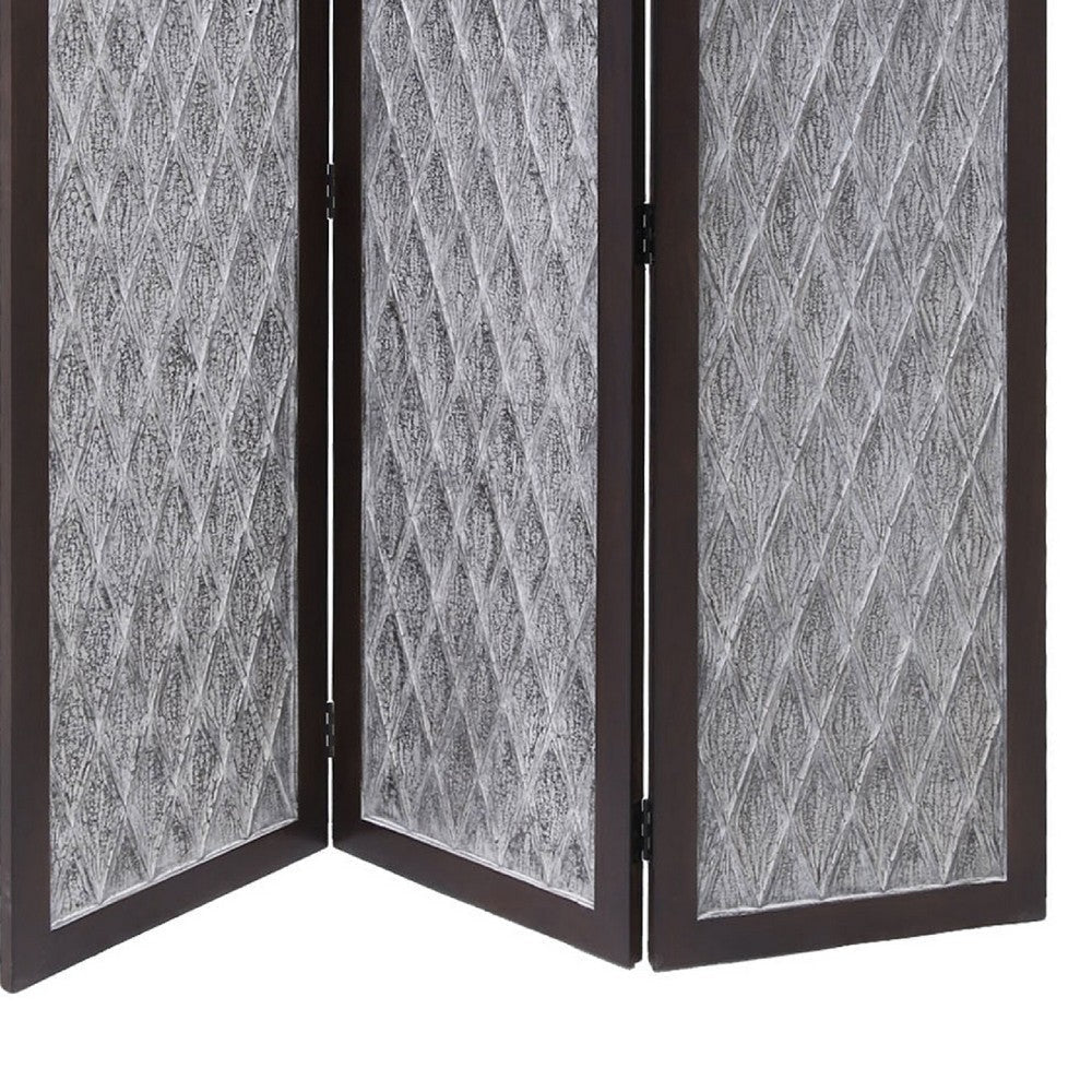 Wooden 3 Panel Room Divider with Textured Diamond Pattern Gray and Black BM205788