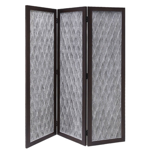 Wooden 3 Panel Room Divider with Textured Diamond Pattern, Gray and Black