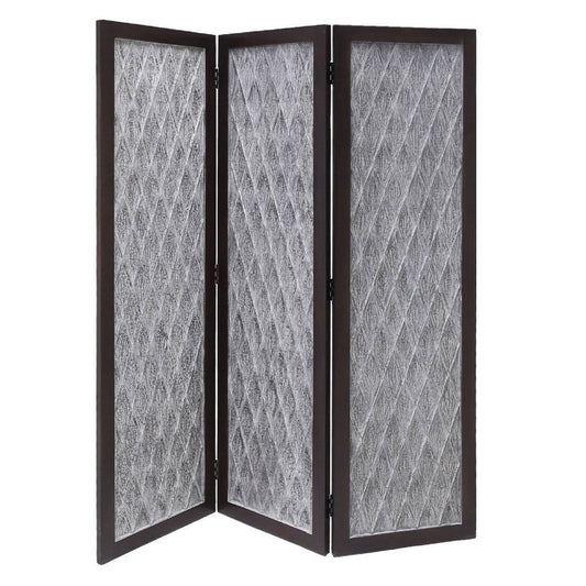 Wooden 3 Panel Room Divider with Textured Diamond Pattern, Gray and Black