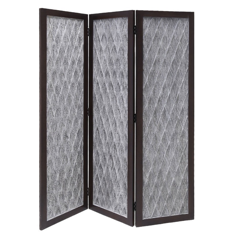 Wooden 3 Panel Room Divider with Textured Diamond Pattern, Gray and Black