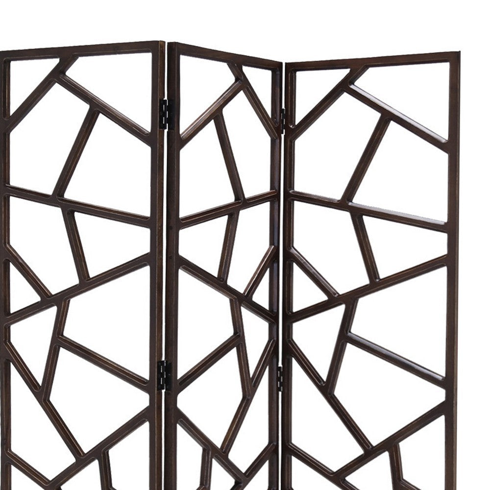 Wooden 3 Panel Room Divider with Intricate Design Espresso Brown BM205790