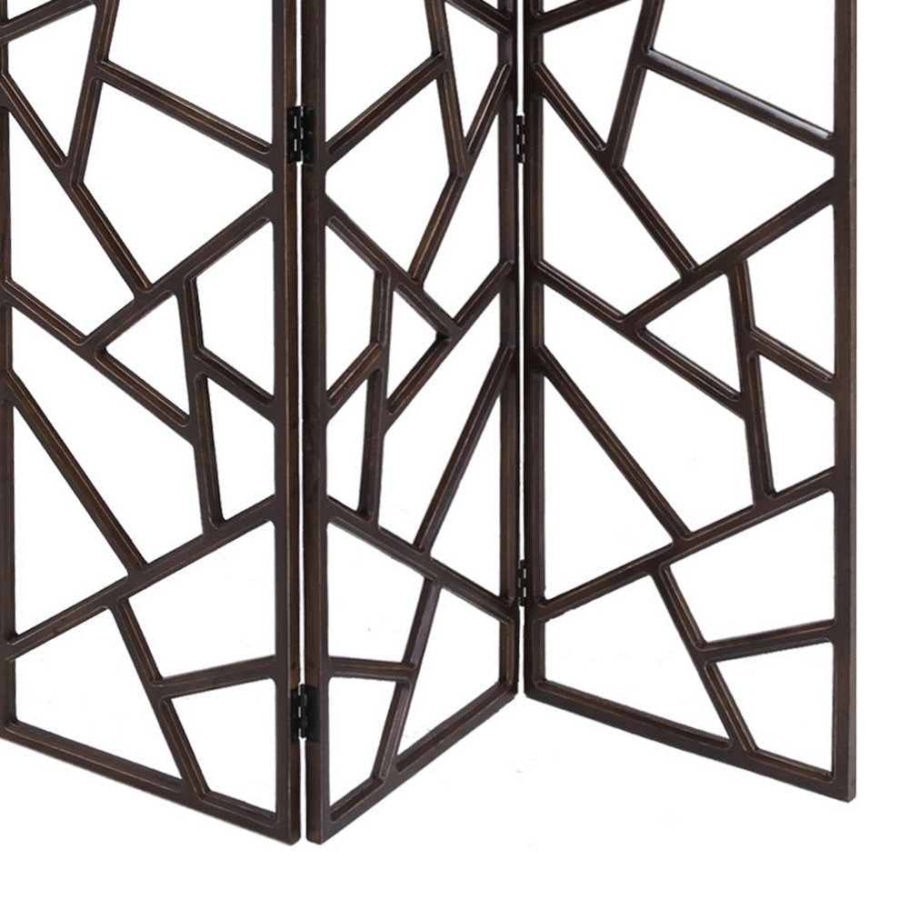 Wooden 3 Panel Room Divider with Intricate Design Espresso Brown BM205790