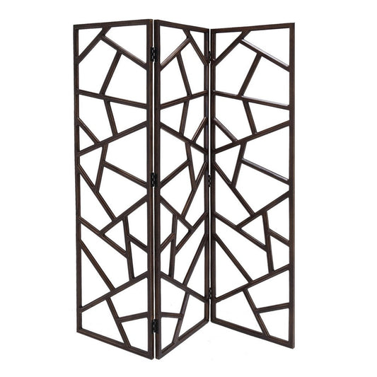 Wooden 3 Panel Room Divider with Intricate Design, Espresso Brown