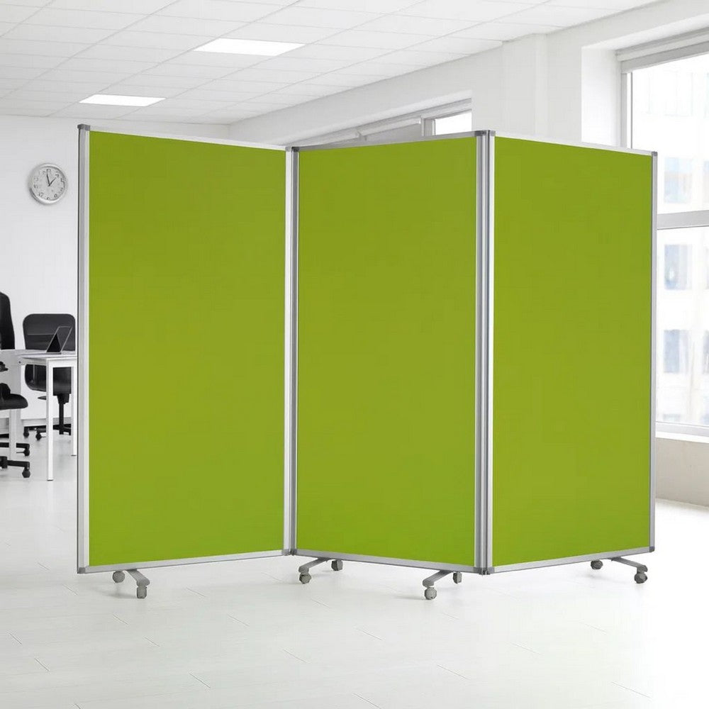 Accordion Style Fabric Upholstered 3 Panel Room Divider, Green and Gray