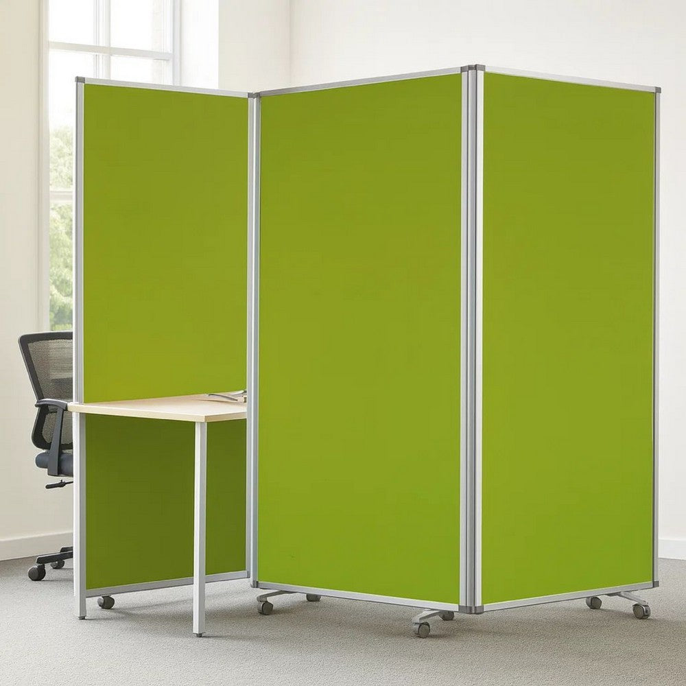 Accordion Style Fabric Upholstered 3 Panel Room Divider, Green and Gray