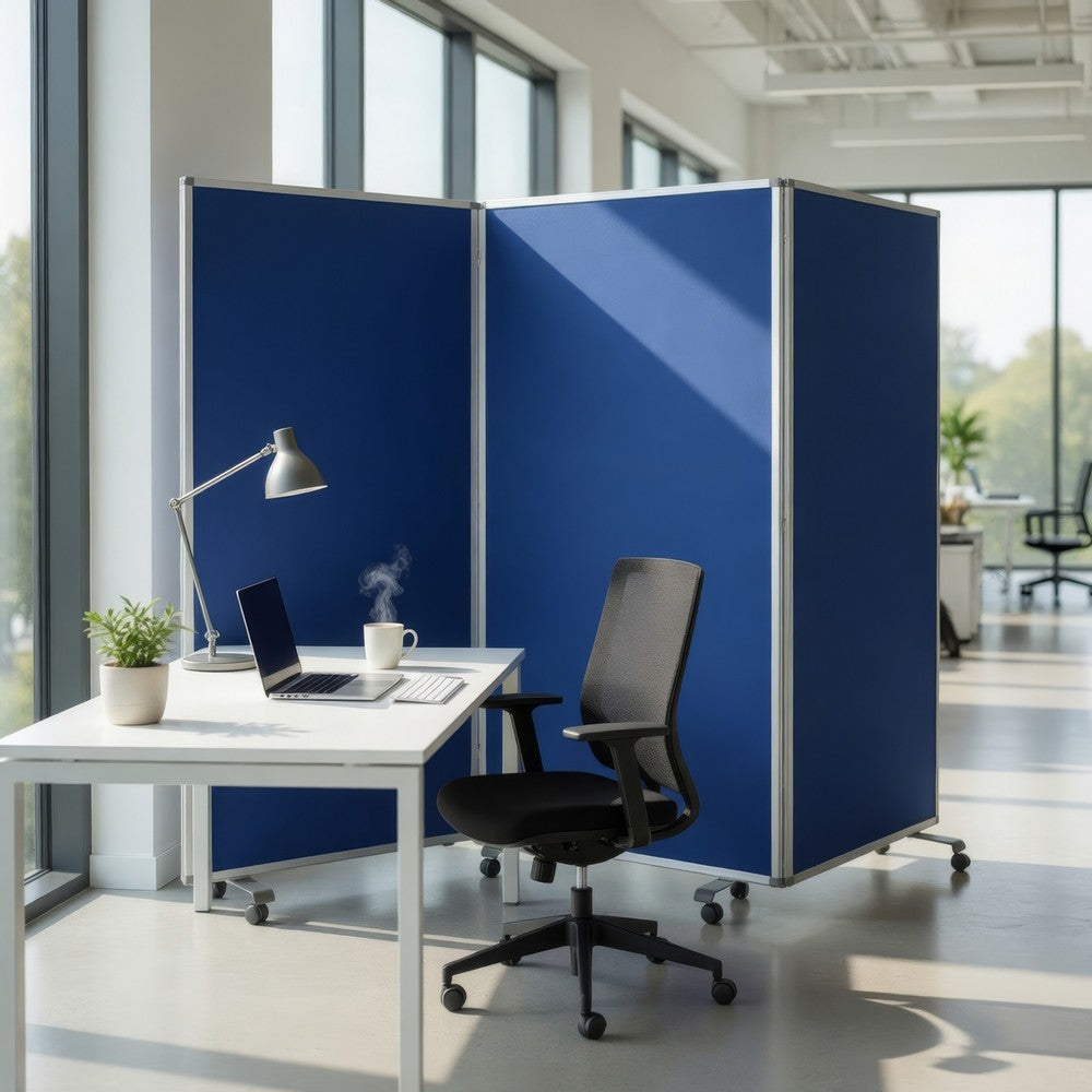 Accordion Style Fabric Upholstered 3 Panel Room Divider, Blue and Gray