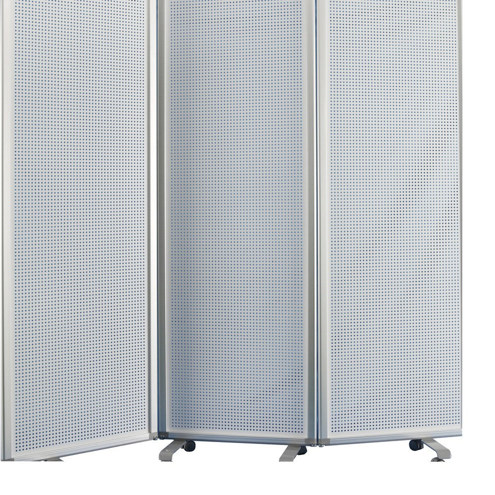 Accordion Style Metal 3 Panel Room Divider with Perforated Details White BM205795