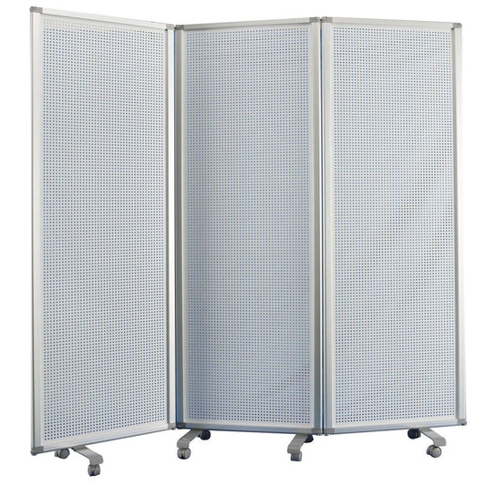Accordion Style Metal 3 Panel Room Divider with Perforated Details, White