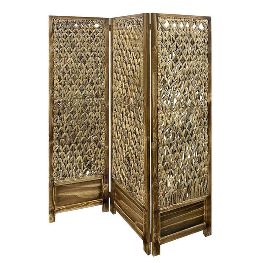 Woven Seagrass 3 Panel Wooden Room Divider, Natural Brown