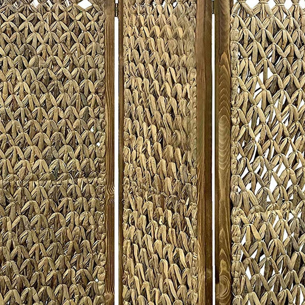 Woven Seagrass 3 Panel Wooden Room Divider Natural Brown BM205797