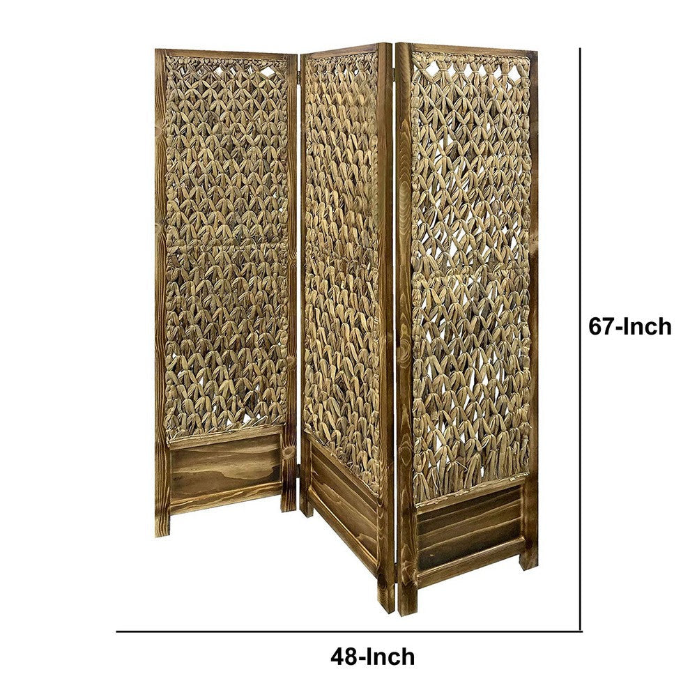 Woven Seagrass 3 Panel Wooden Room Divider Natural Brown BM205797
