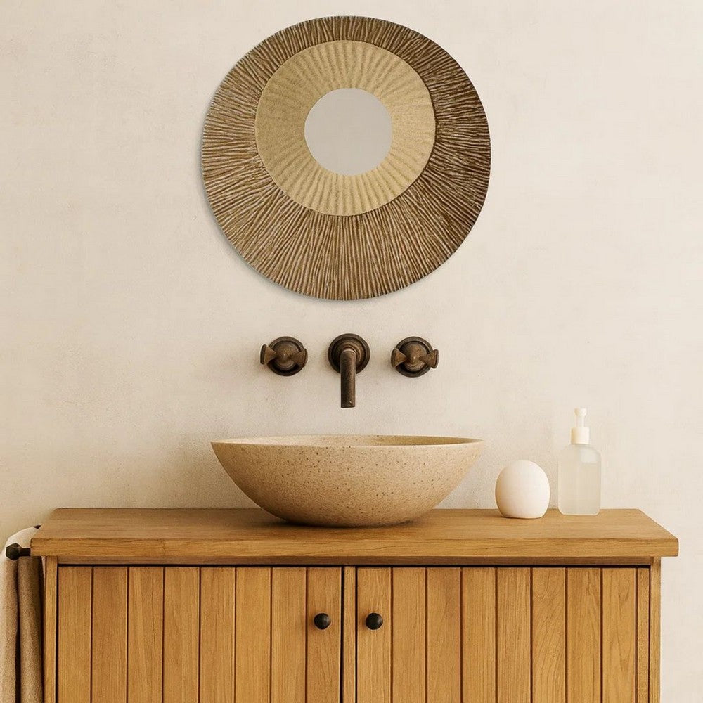 Round and Ribbed Double Layer Sandstone Wall Art, Large, Brown and Beige