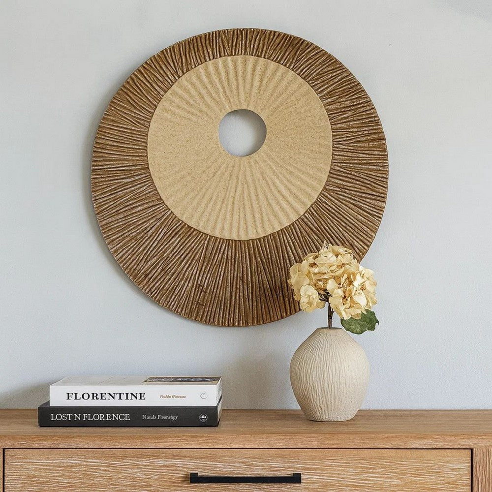 Round and Ribbed Double Layer Sandstone Wall Art, Large, Brown and Beige