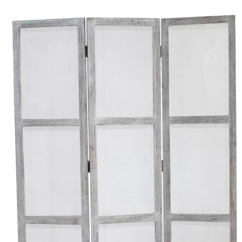 Transitional 3 Panel Screen with Wooden Frame & Fabric Panels Gray BM205854