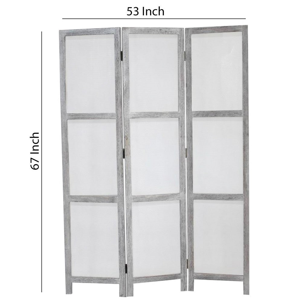Transitional 3 Panel Screen with Wooden Frame & Fabric Panels Gray BM205854