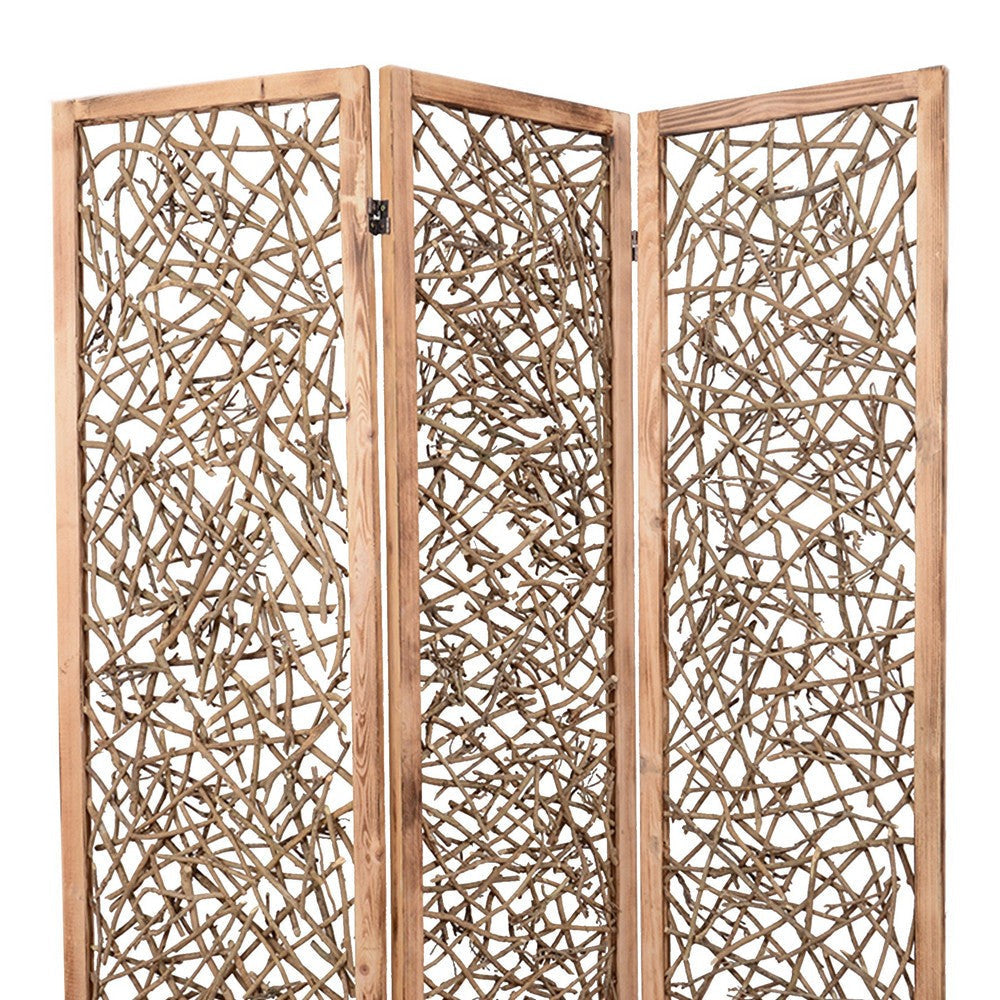 Contemporary 3 Panel Wooden Screen with Willow Branch Inset Brown BM205857