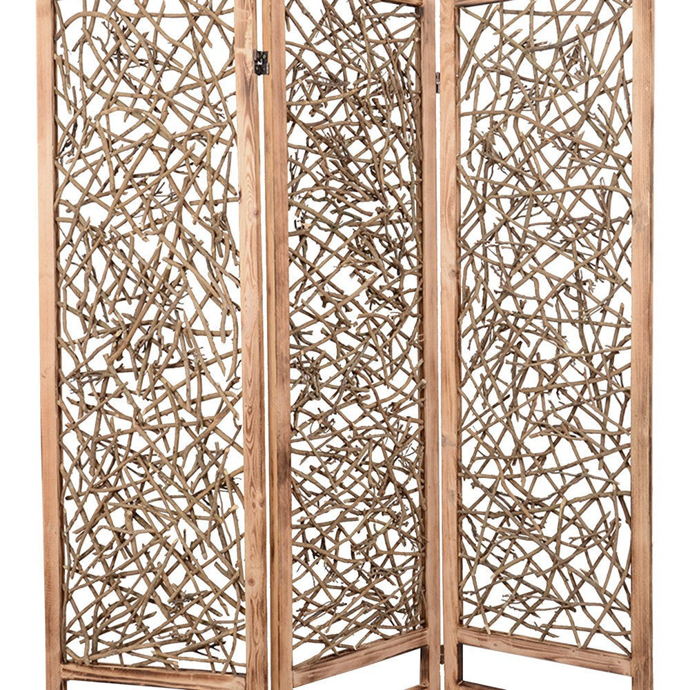 Contemporary 3 Panel Wooden Screen with Willow Branch Inset Brown BM205857