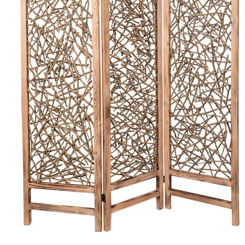 Contemporary 3 Panel Wooden Screen with Willow Branch Inset Brown BM205857