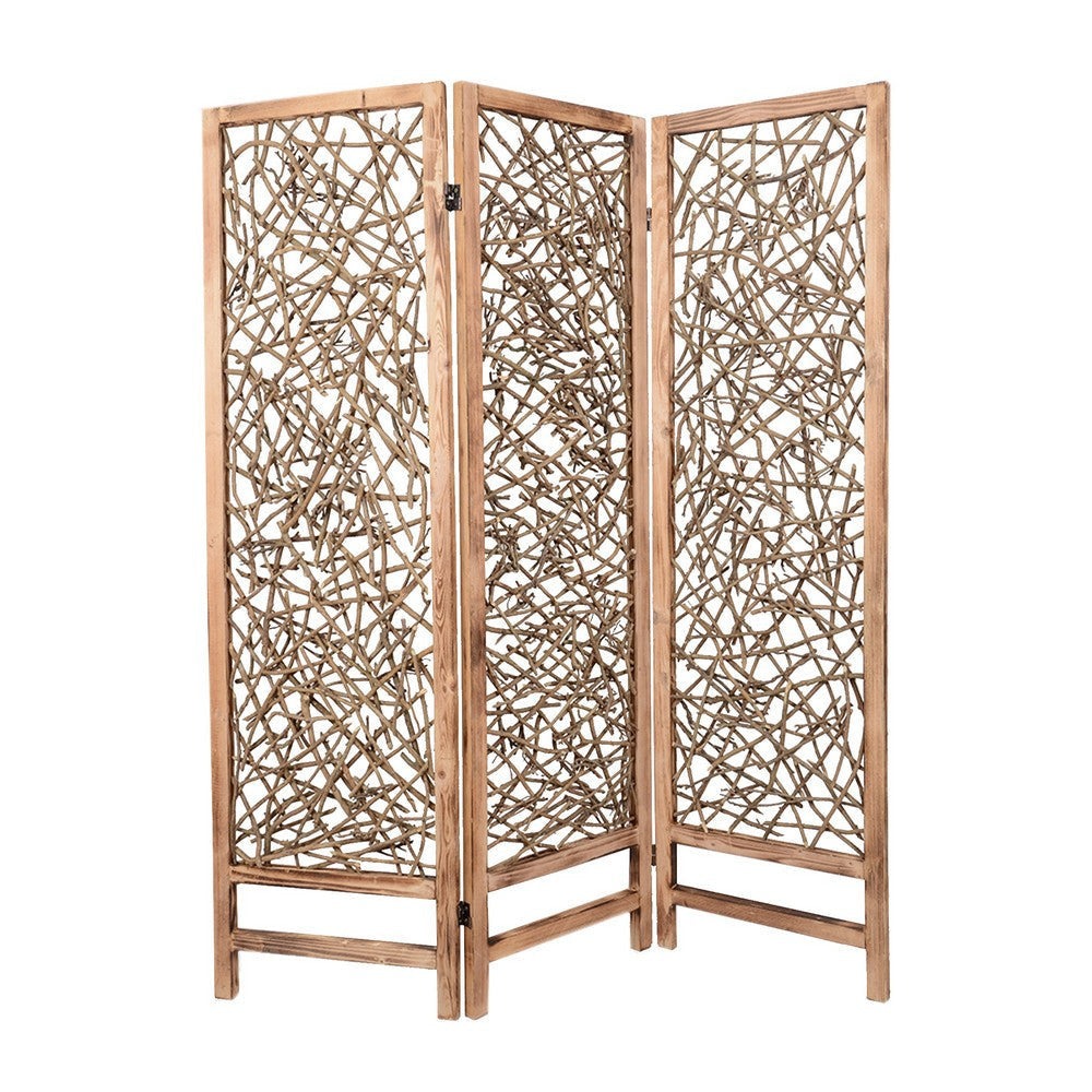 Contemporary 3 Panel Wooden Screen with Willow Branch Inset, Brown