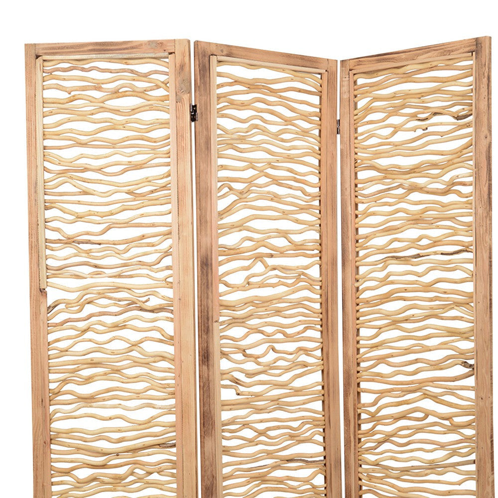 Contemporary 3 Panel Wood Screen with Horizontal Branch Design Brown BM205858