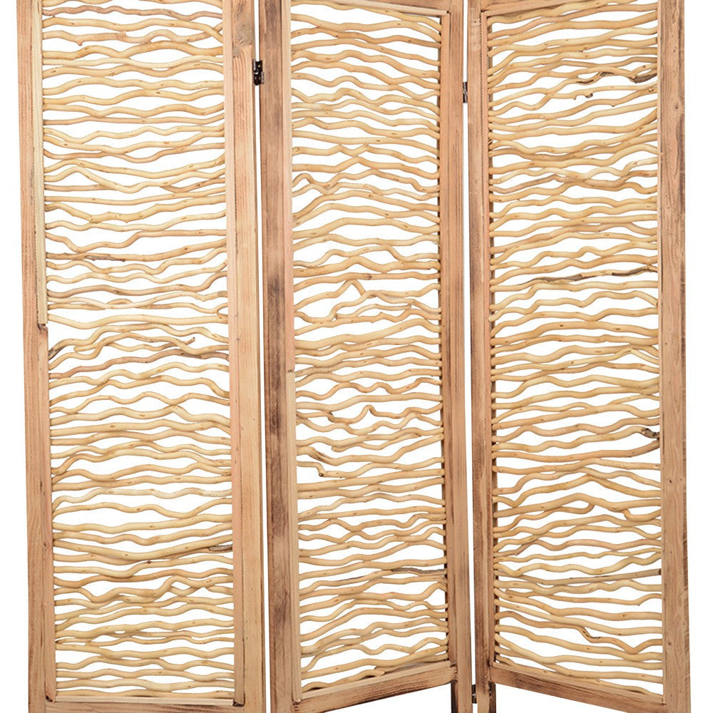 Contemporary 3 Panel Wood Screen with Horizontal Branch Design Brown BM205858
