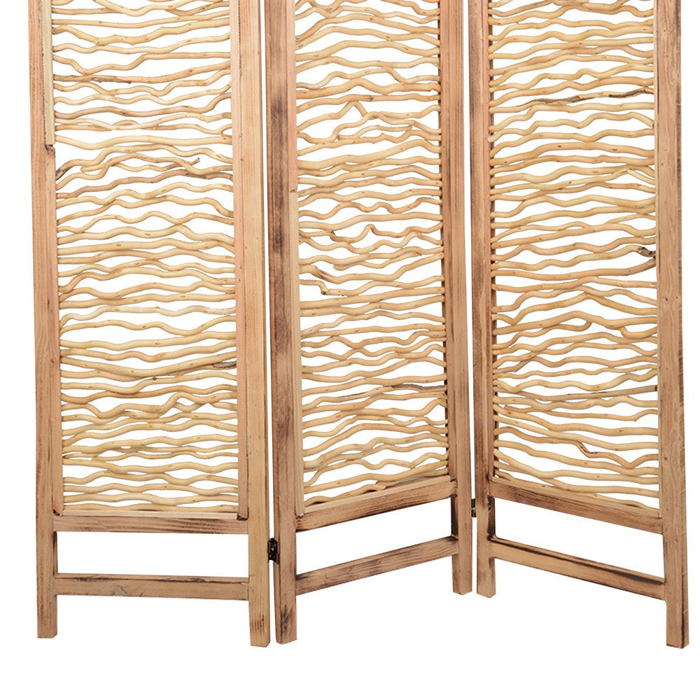 Contemporary 3 Panel Wood Screen with Horizontal Branch Design Brown BM205858