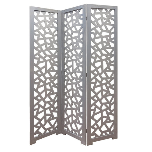3 Panel Contemporary Wooden Screen with Cut Pattern Design, Gray