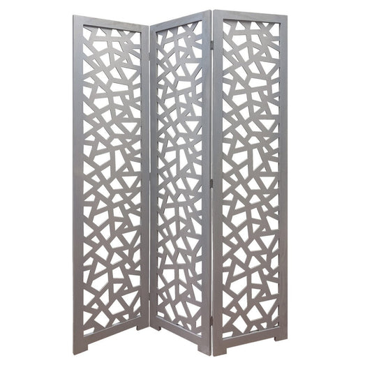 3 Panel Contemporary Wooden Screen with Cut Pattern Design, Gray