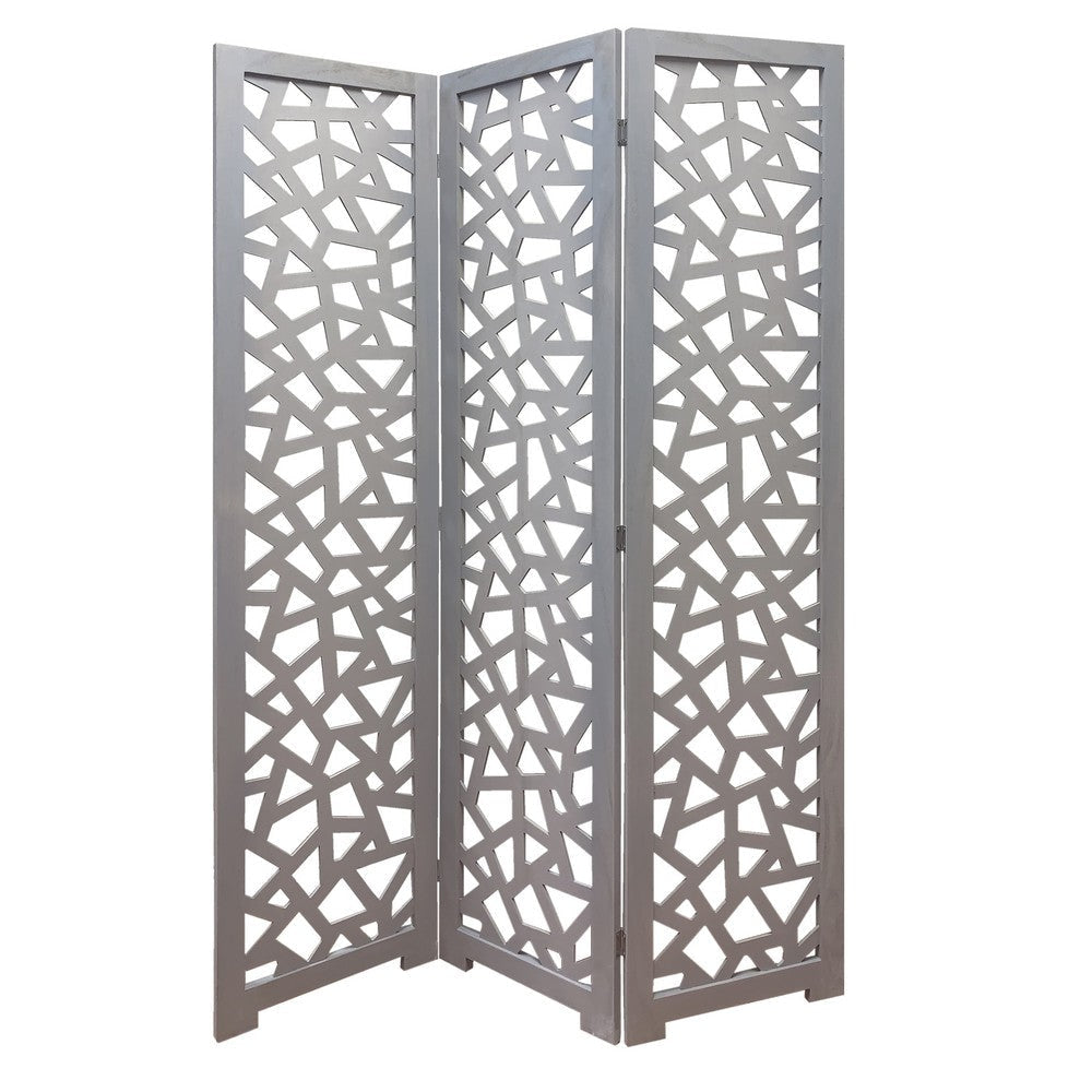 3 Panel Contemporary Wooden Screen with Cut Pattern Design, Gray