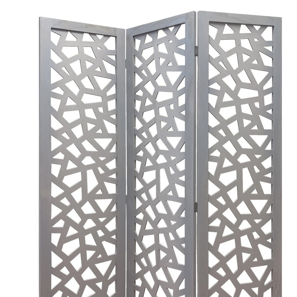 3 Panel Contemporary Wooden Screen with Cut Pattern Design Gray BM205860