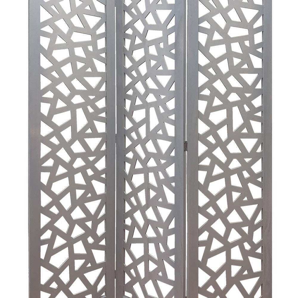 3 Panel Contemporary Wooden Screen with Cut Pattern Design Gray BM205860